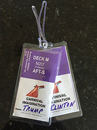 Photos of Carnival, Holland America, NCL, Princess cabin tags, clear cruise tags with Trump and Clinton names